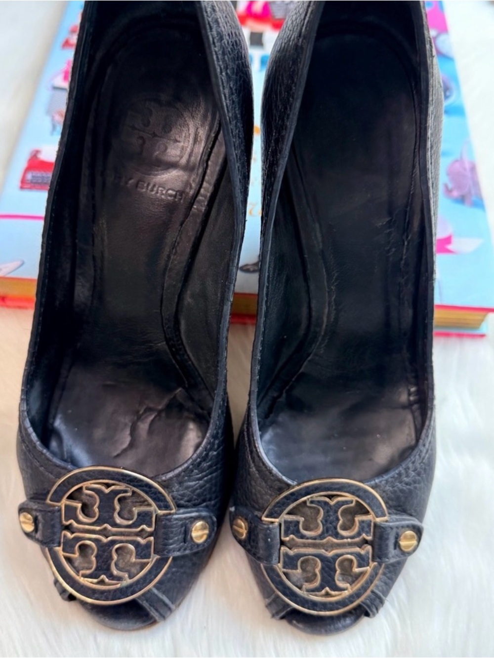 Tory Burch Black and Tan Wedge Peep Toe Shoes